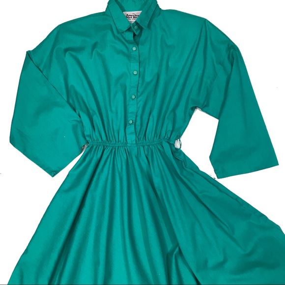 Vtg American Shirt Dress Teal Green Full Skirt - Picture 3 of 7